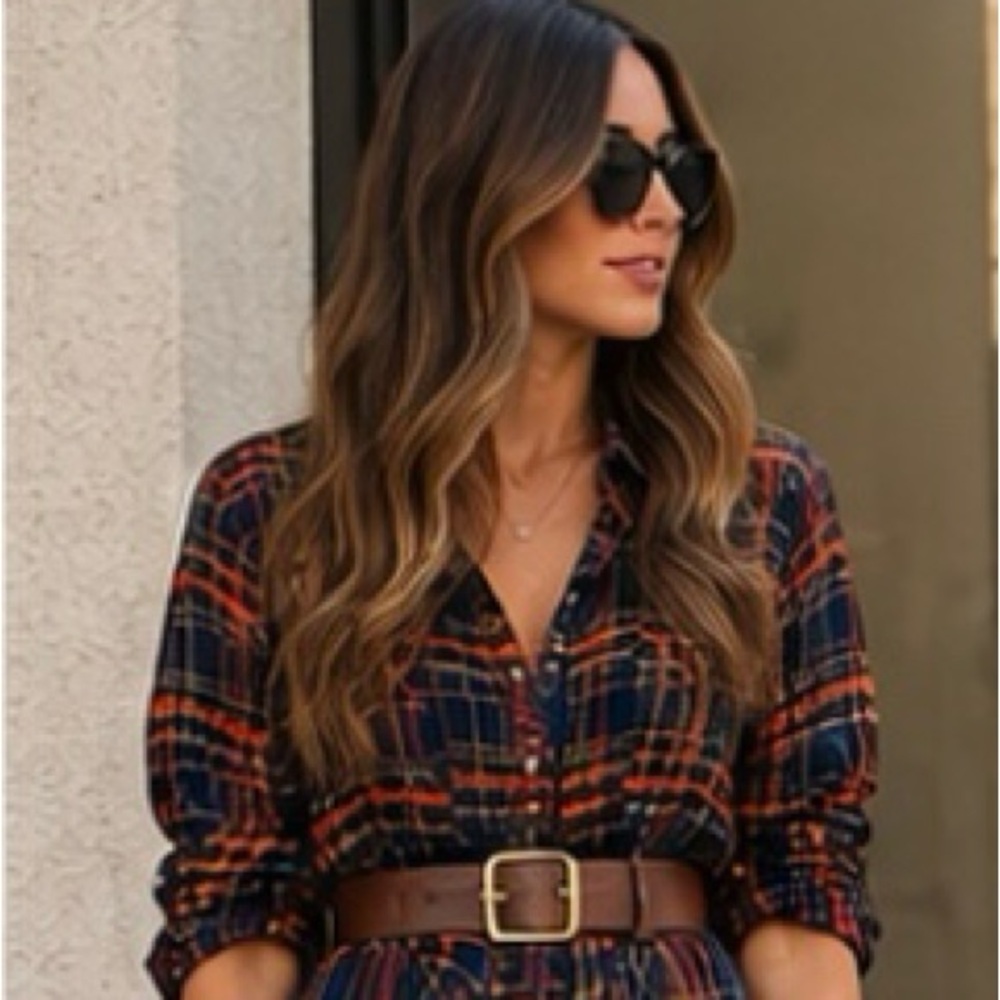 Women's Plaid Button-Front Maxi Dress - Black & Orange